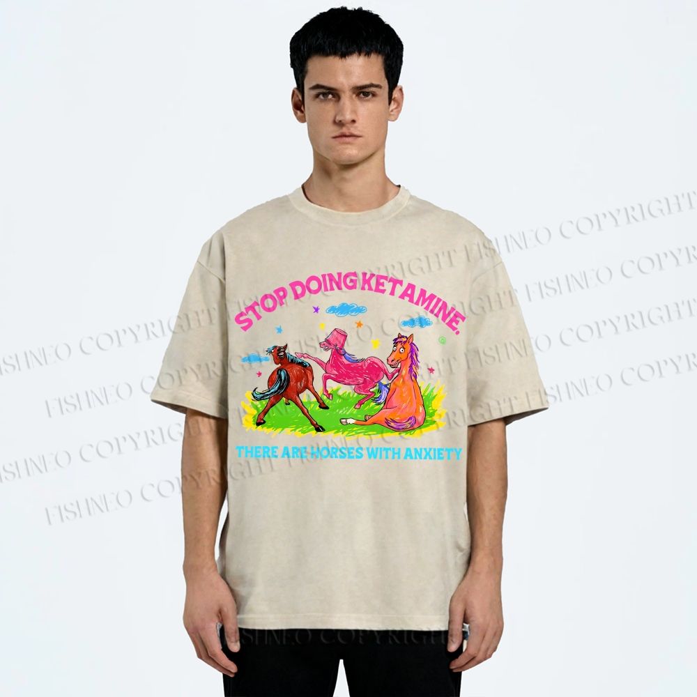 Unisex Horses With Anxiety Printed Washed Tee