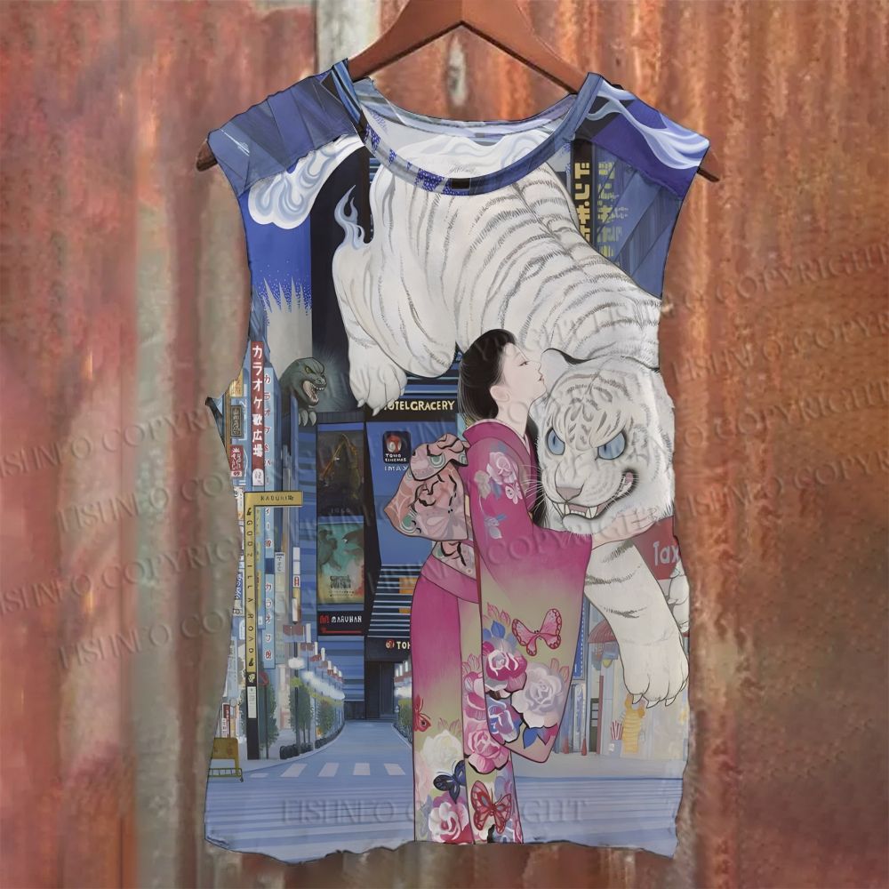 Unisex Kimono Girl And White Tiger Casual Printed Tank Top