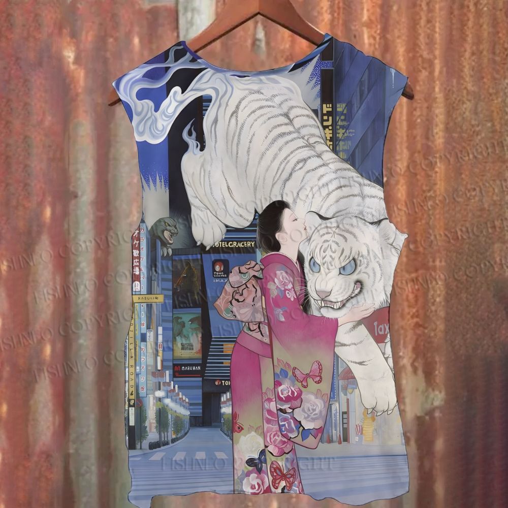 Unisex Kimono Girl And White Tiger Casual Printed Tank Top