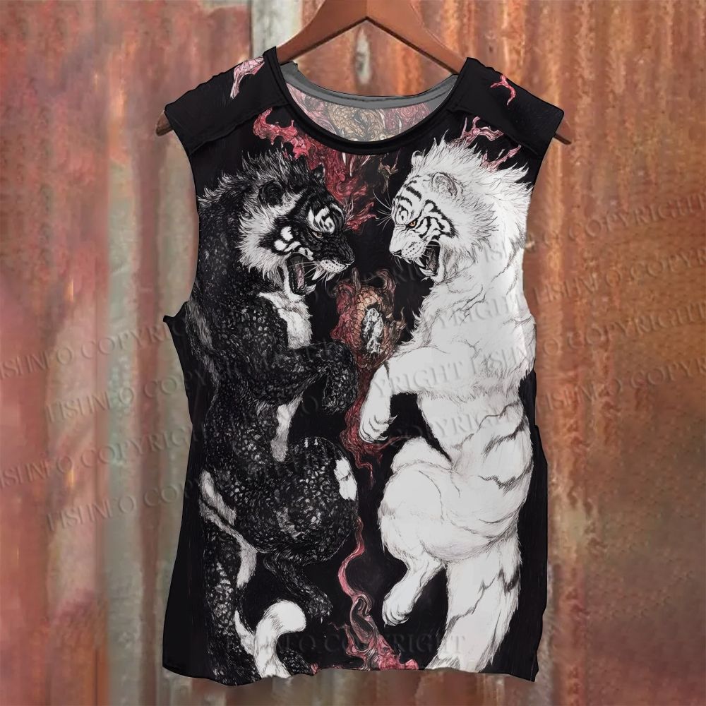 Unisex Casual Black And White Tiger Printed Tank Top