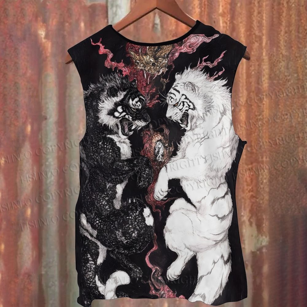 Unisex Casual Black And White Tiger Printed Tank Top