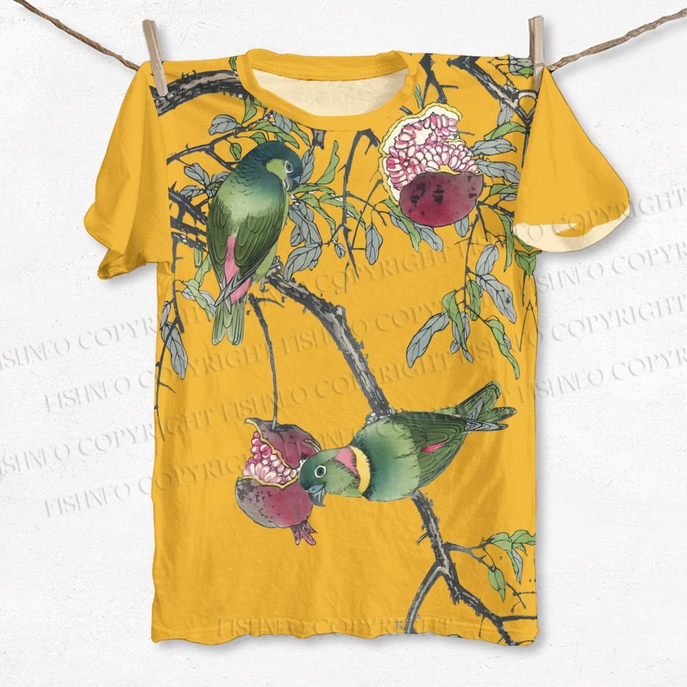 Unisex Vintage Bird in Tree Printed Classic Cotton T-shirt