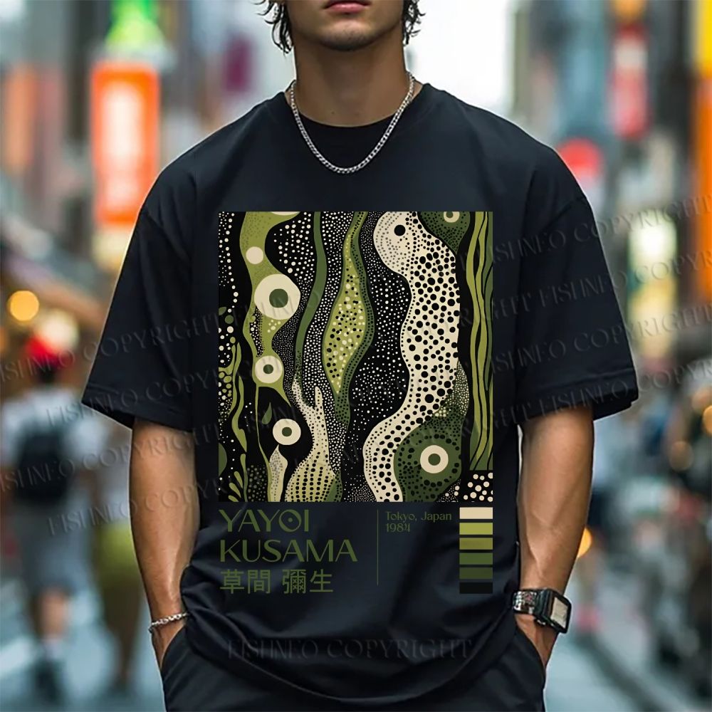 Unisex Classic Cotton Yayoi Kusama Green Wood Printed T-shirt