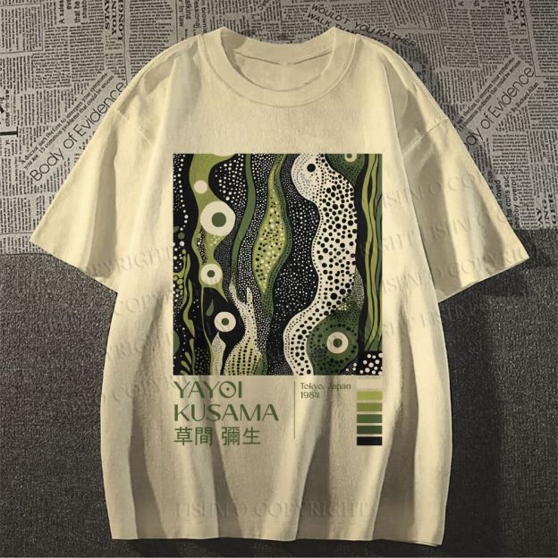 Unisex Classic Cotton Yayoi Kusama Green Wood Printed T-shirt