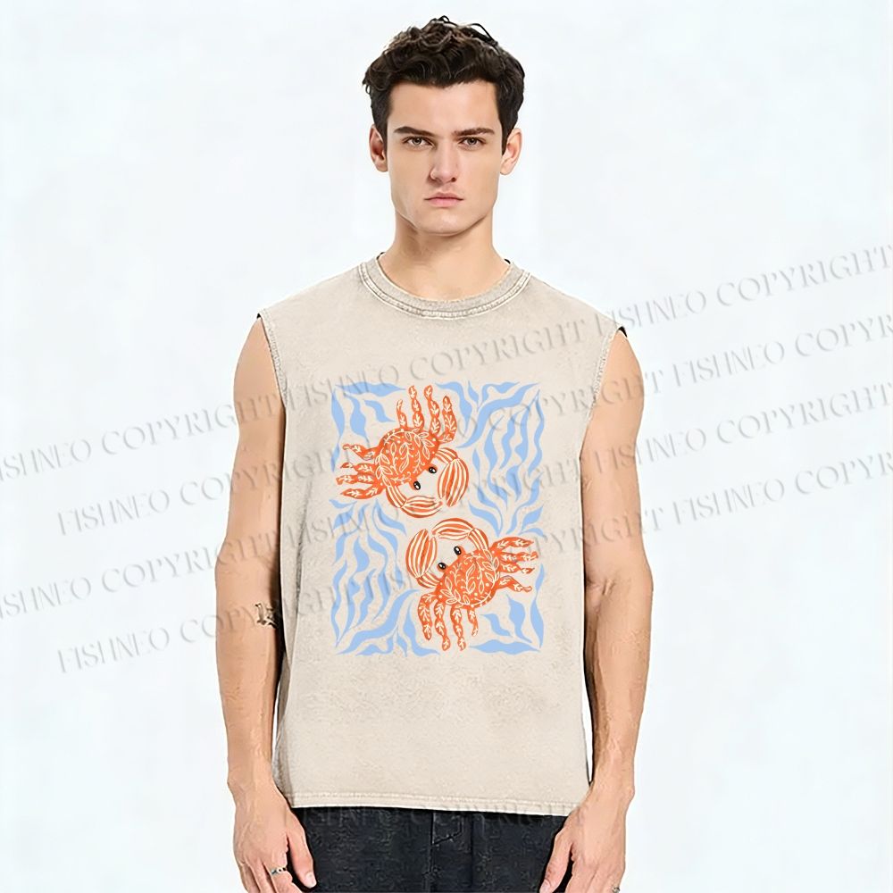Unisex Crabs Surfing Printed Washed Tank Top
