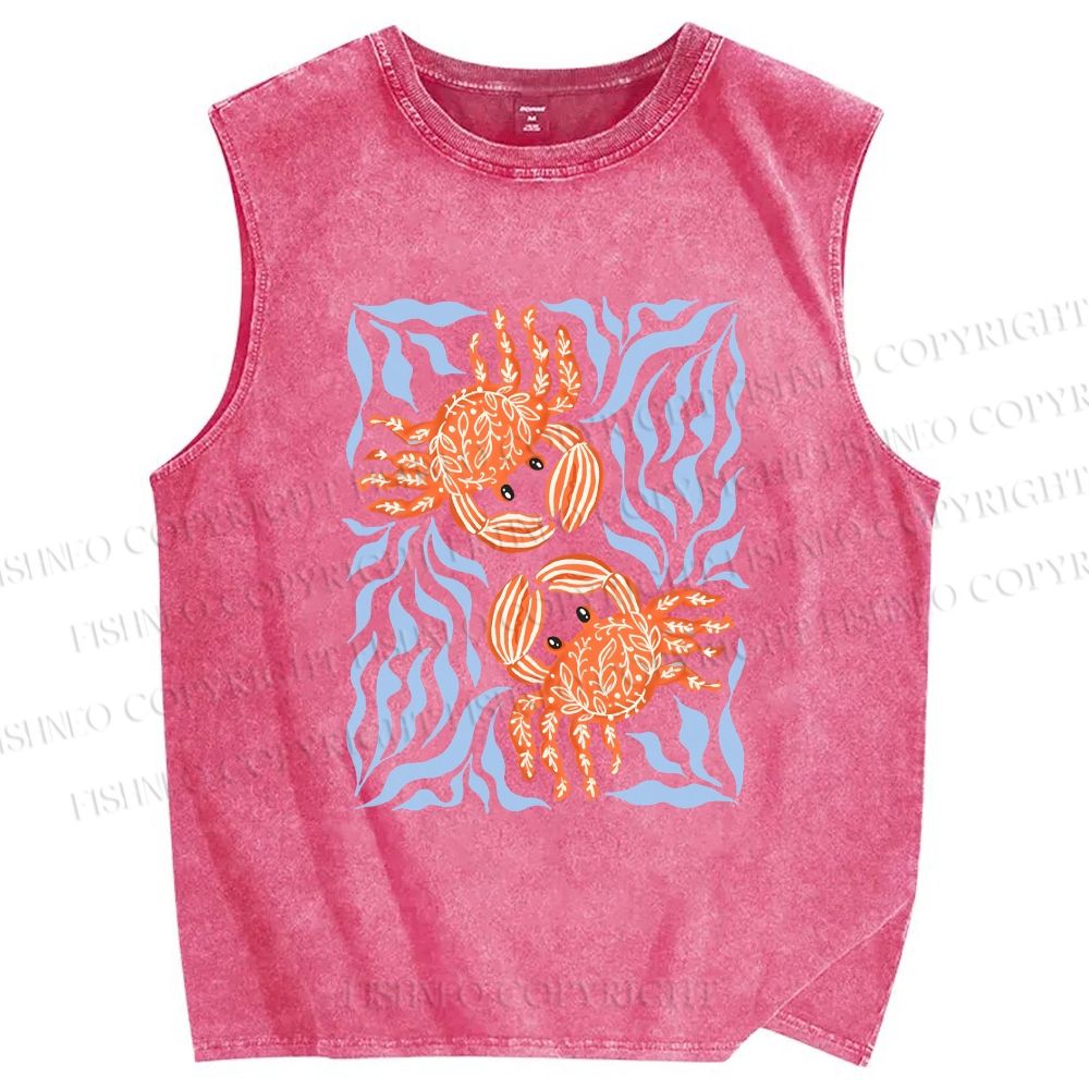Unisex Crabs Surfing Printed Washed Tank Top