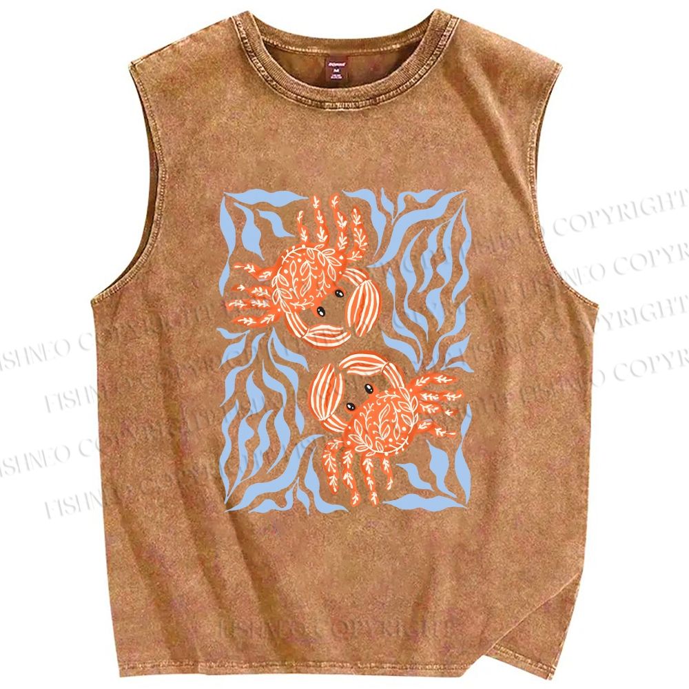 Unisex Crabs Surfing Printed Washed Tank Top