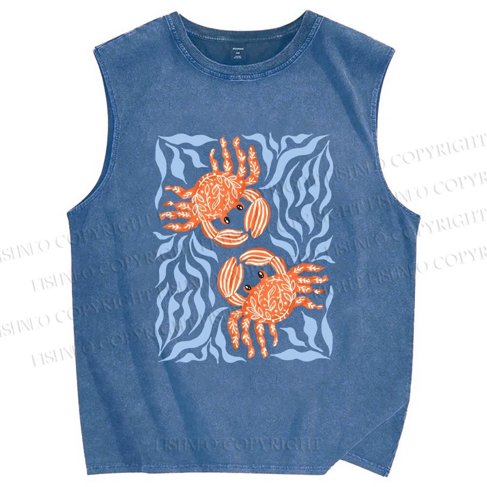 Unisex Crabs Surfing Printed Washed Tank Top