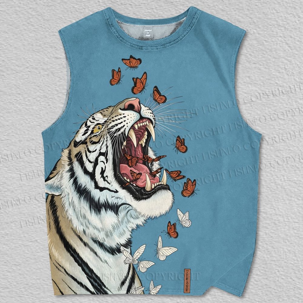 Unisex Tiger And Butterfly Printed Tank Top