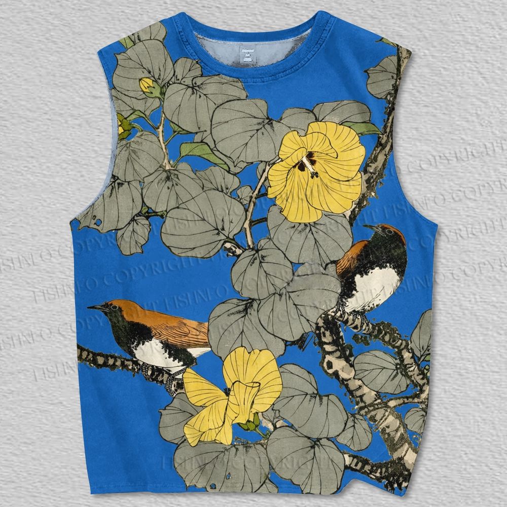 Unisex Two Birds With Yellow Flowers Vintage Printed Tank Top