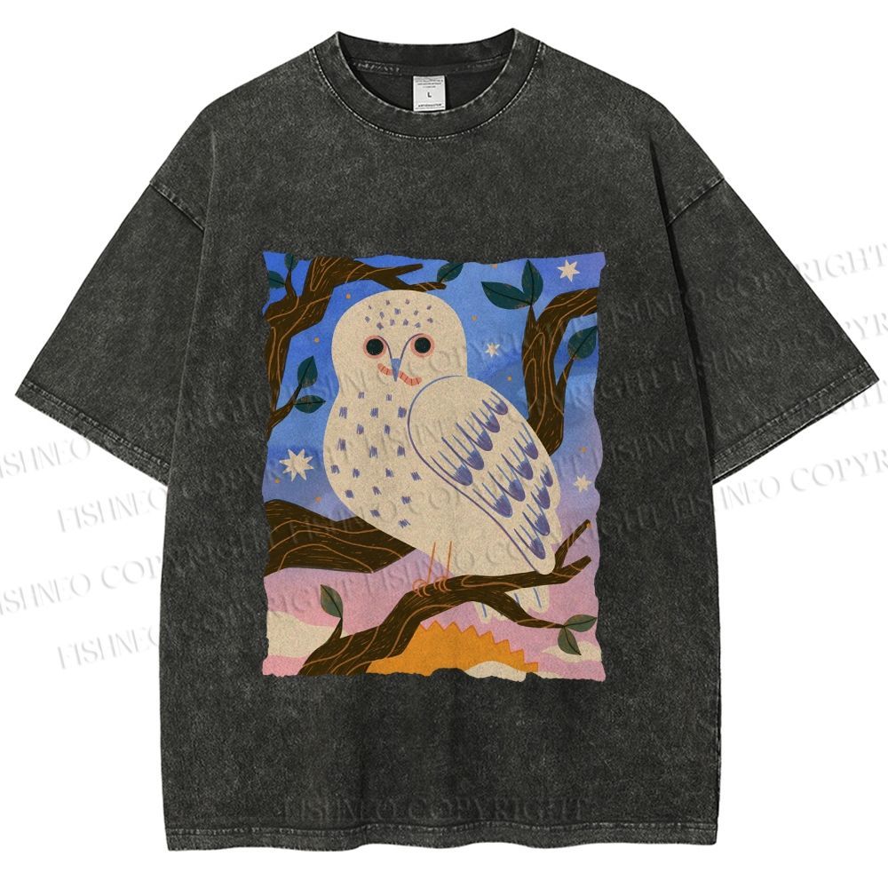 Unisex Owl at Night Printed Washed Tee