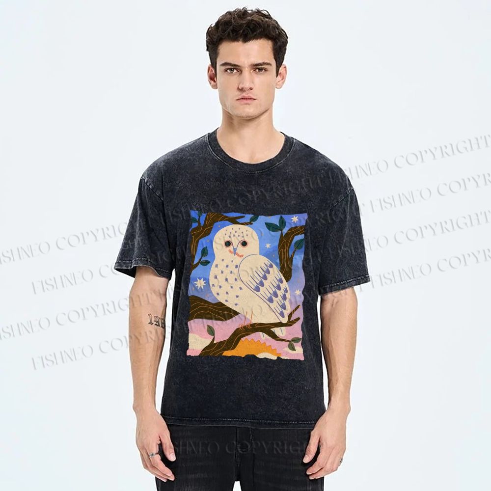 Unisex Owl at Night Printed Washed Tee