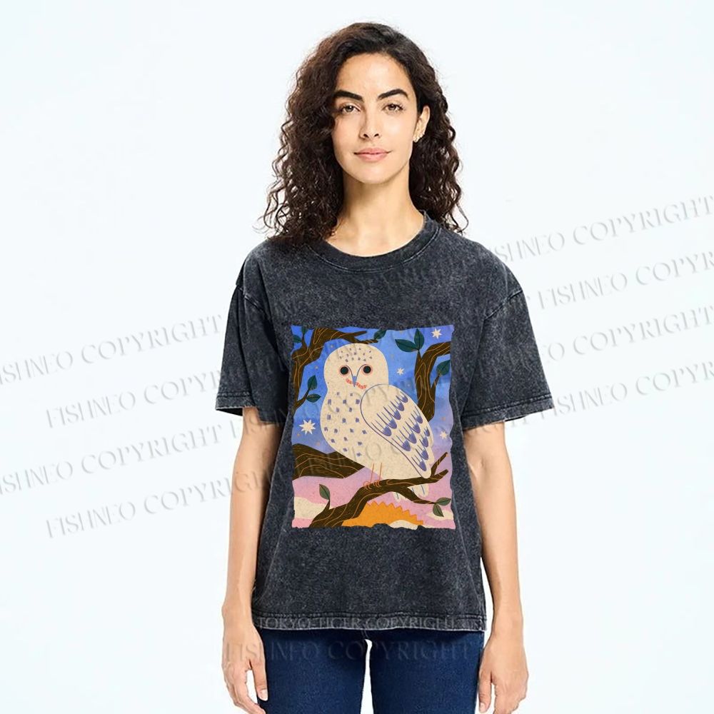 Unisex Owl at Night Printed Washed Tee