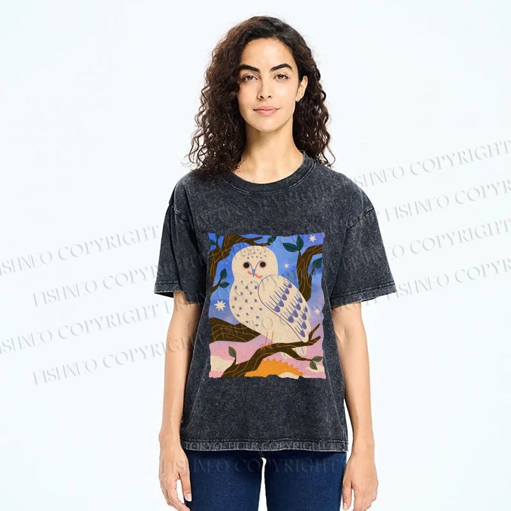 Unisex Owl at Night Printed Washed Tee