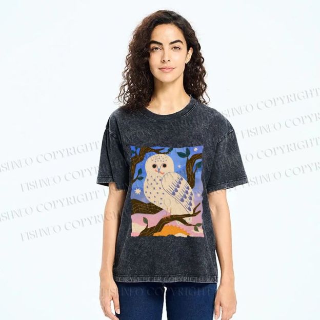 Unisex Owl at Night Printed Washed Tee