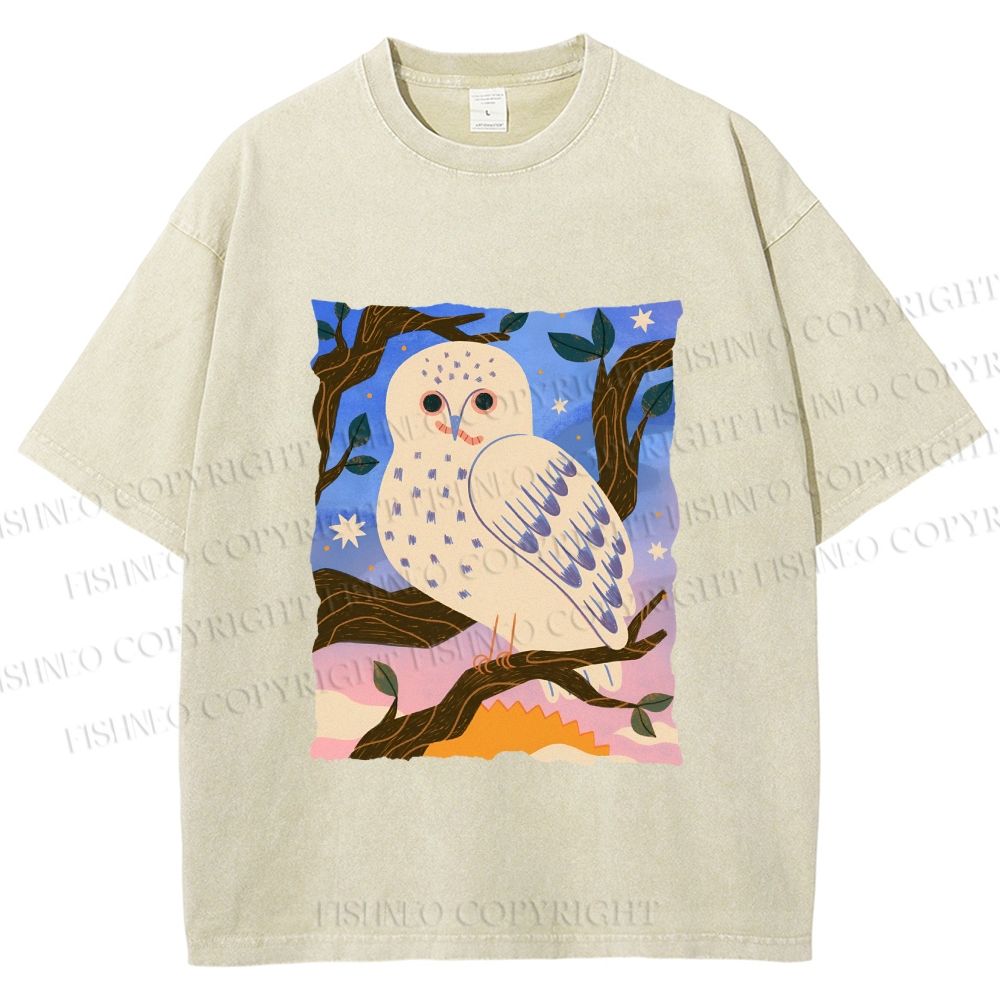 Unisex Owl at Night Printed Washed Tee