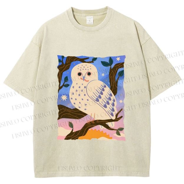 Unisex Owl at Night Printed Washed Tee