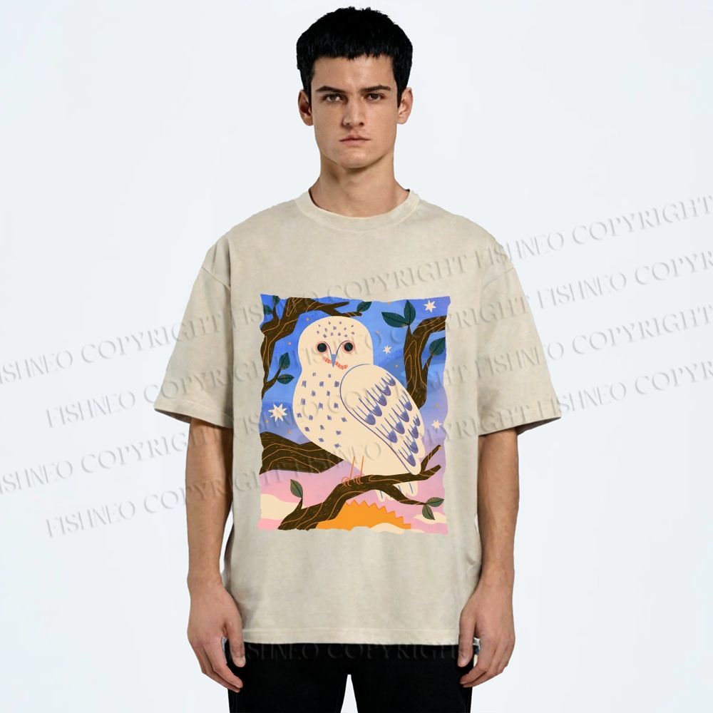 Unisex Owl at Night Printed Washed Tee