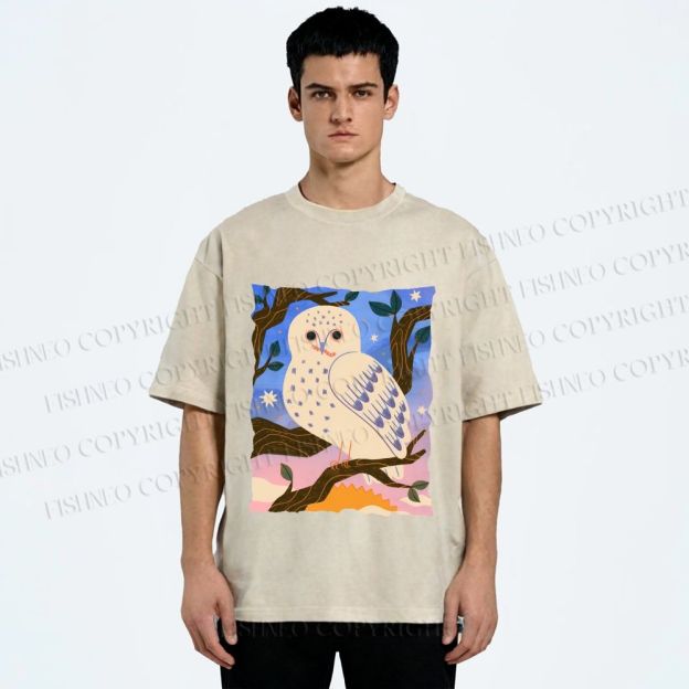 Unisex Owl at Night Printed Washed Tee