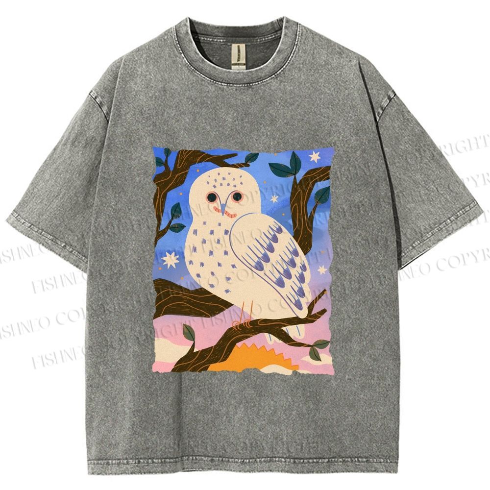 Unisex Owl at Night Printed Washed Tee