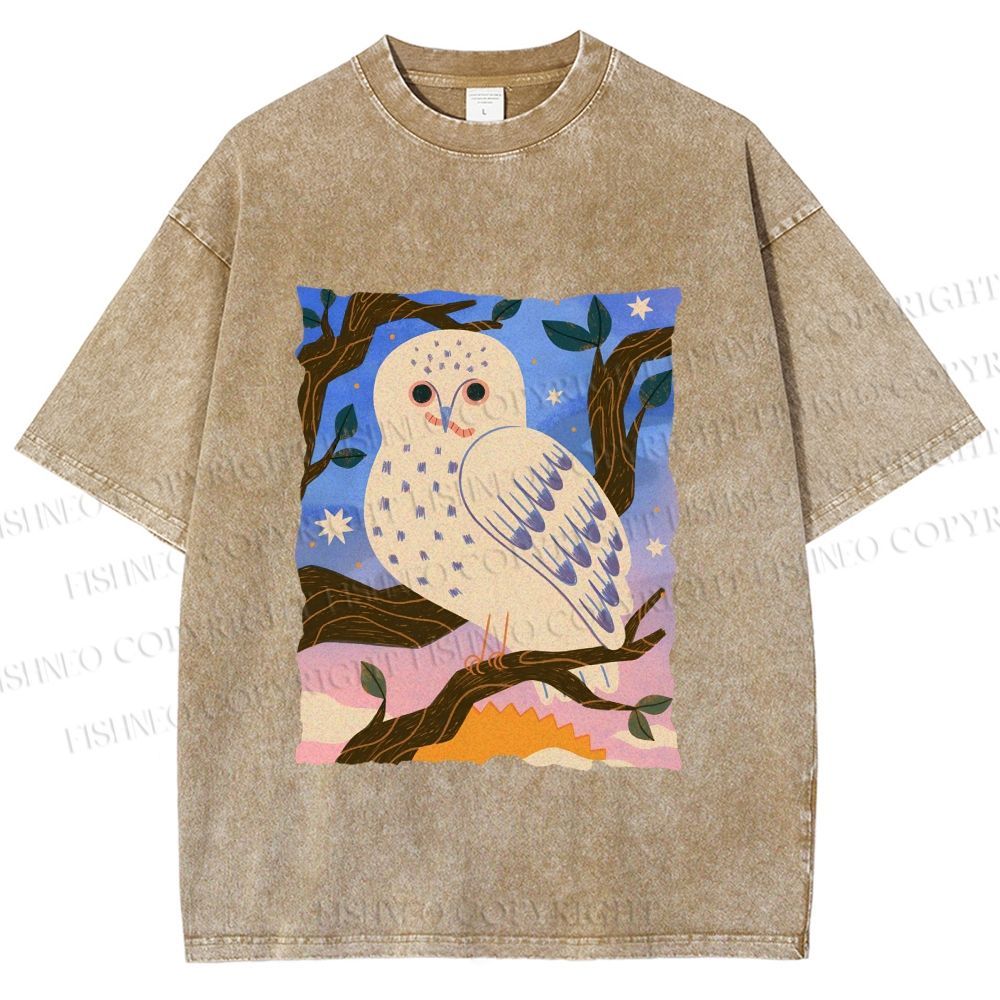 Unisex Owl at Night Printed Washed Tee