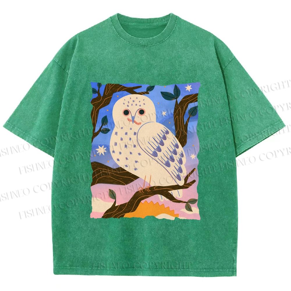 Unisex Owl at Night Printed Washed Tee