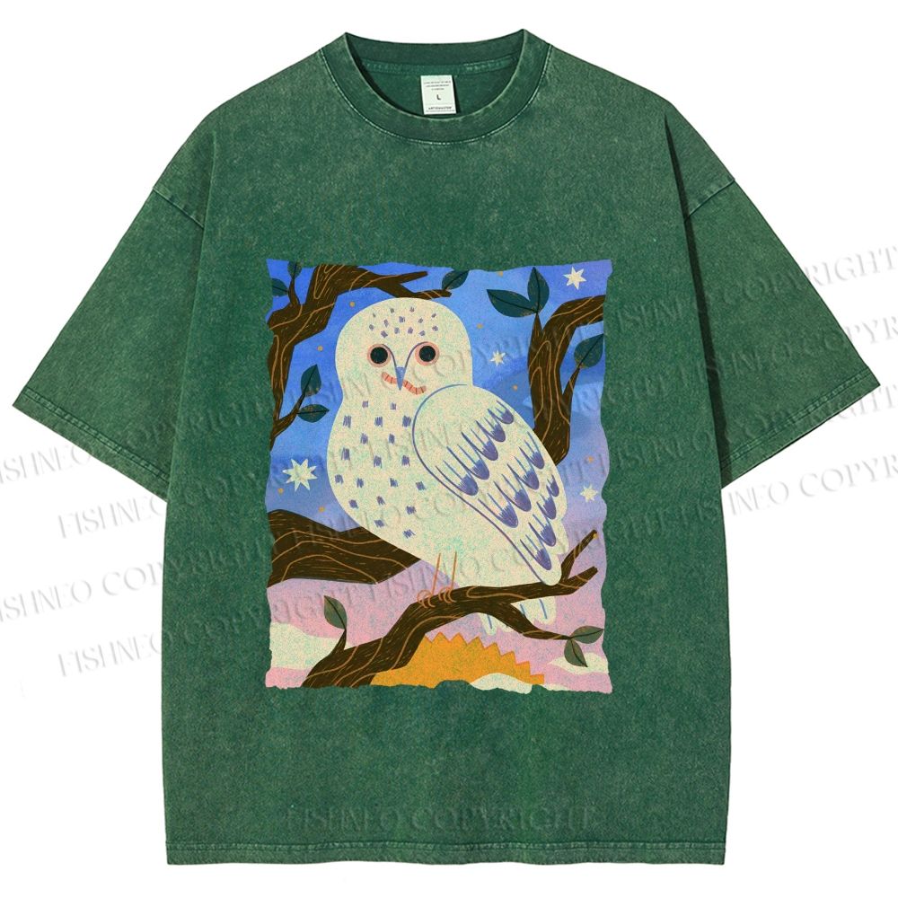 Unisex Owl at Night Printed Washed Tee