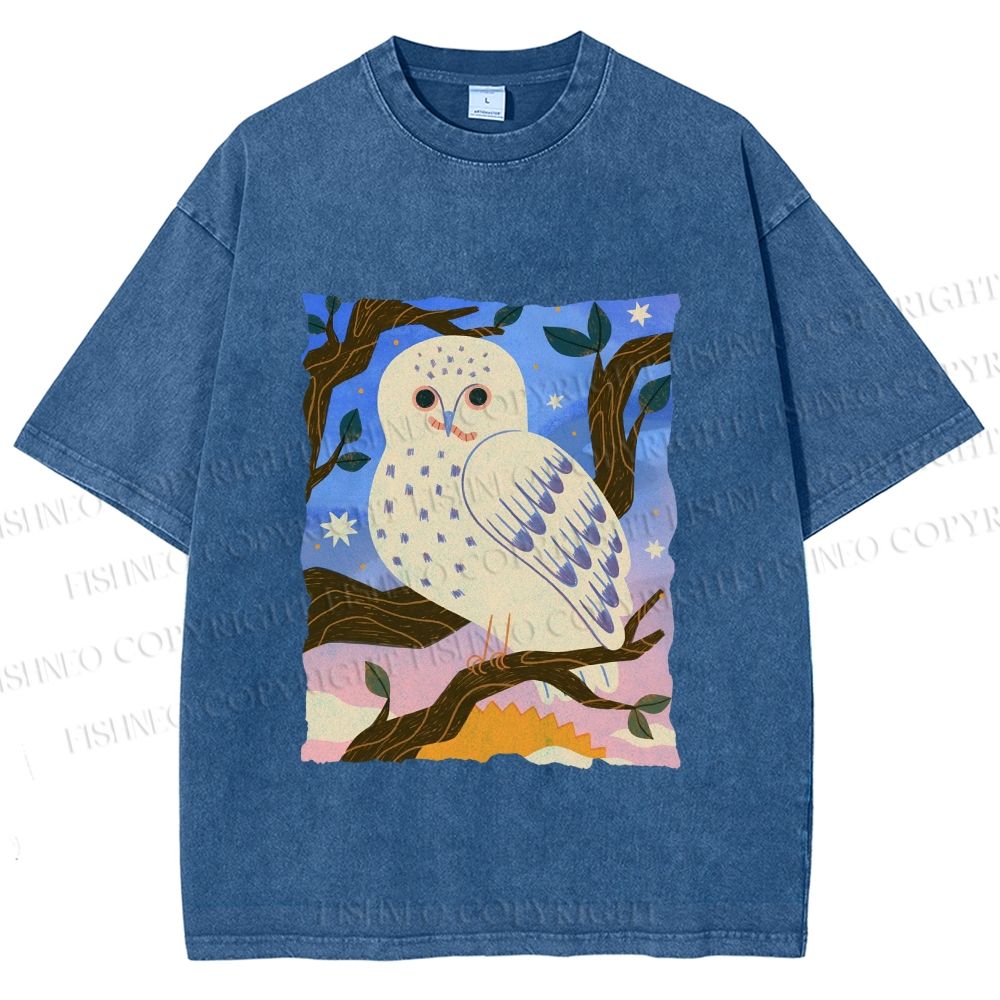 Unisex Owl at Night Printed Washed Tee