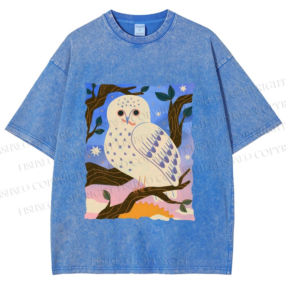Unisex Owl at Night Printed Washed Tee