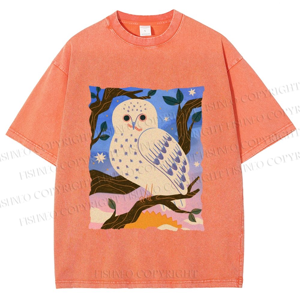 Unisex Owl at Night Printed Washed Tee