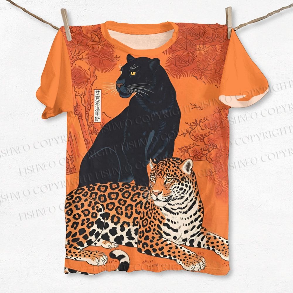 Unisex Panther And Tiger Japanese Printed Classic Cotton T-shirt