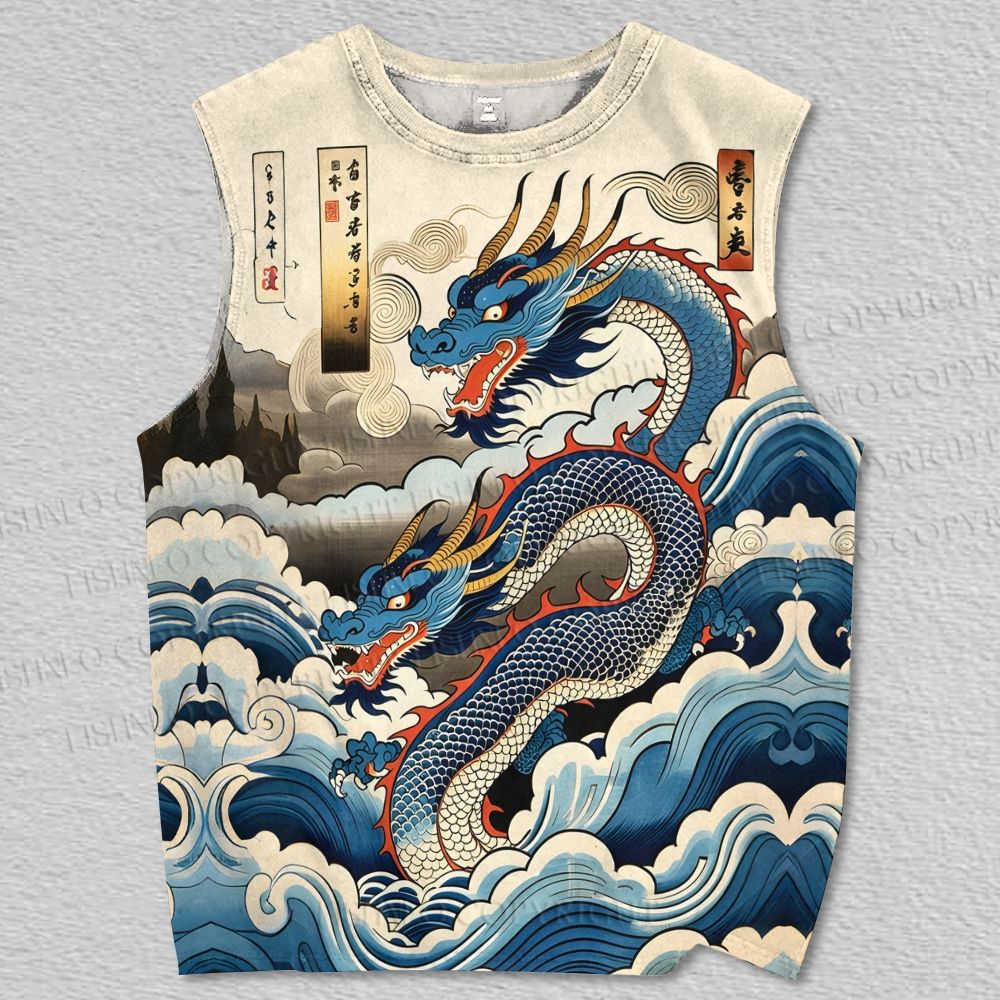 Unisex Great Wave Dragons Printed Tank Top