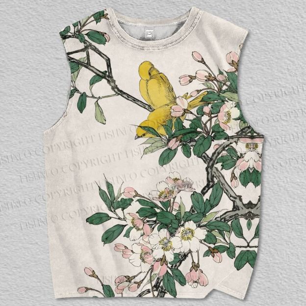 Unisex Vintage Birds in Sakura Printed Tank Top