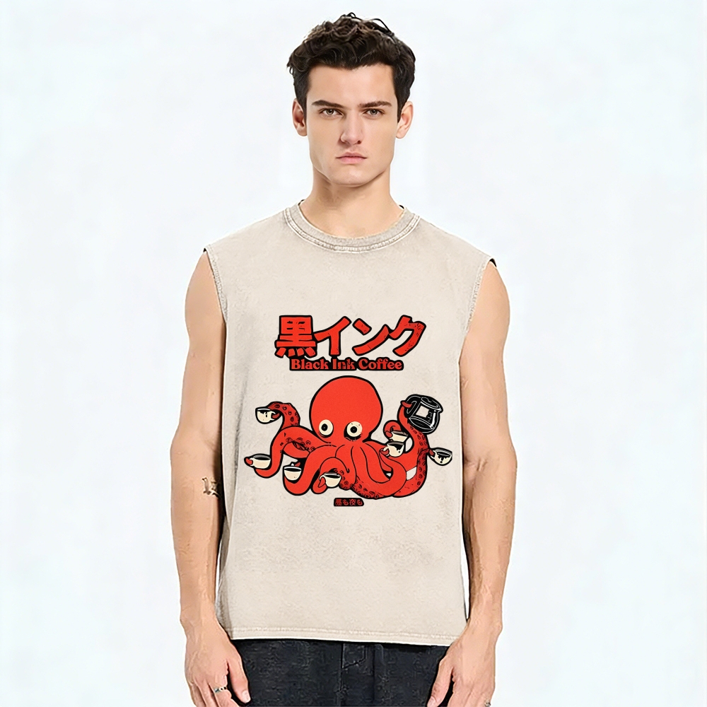 Octopus Coffee Pure Cotton Wash-Dyed Sleeveless Tank Top