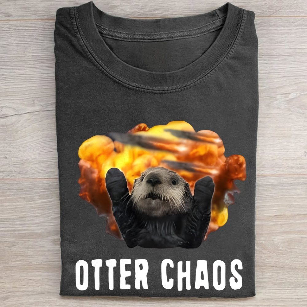 Unisex Otter Chaos Printed Washed Folded T-shirt