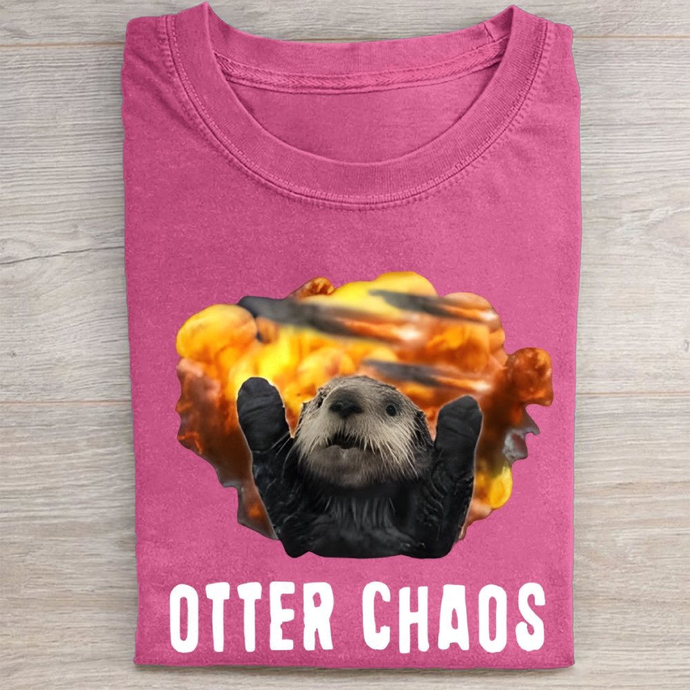 Unisex Otter Chaos Printed Washed Folded T-shirt