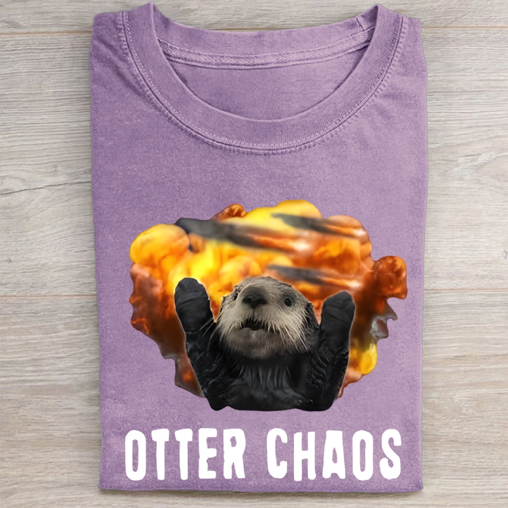 Unisex Otter Chaos Printed Washed Folded T-shirt