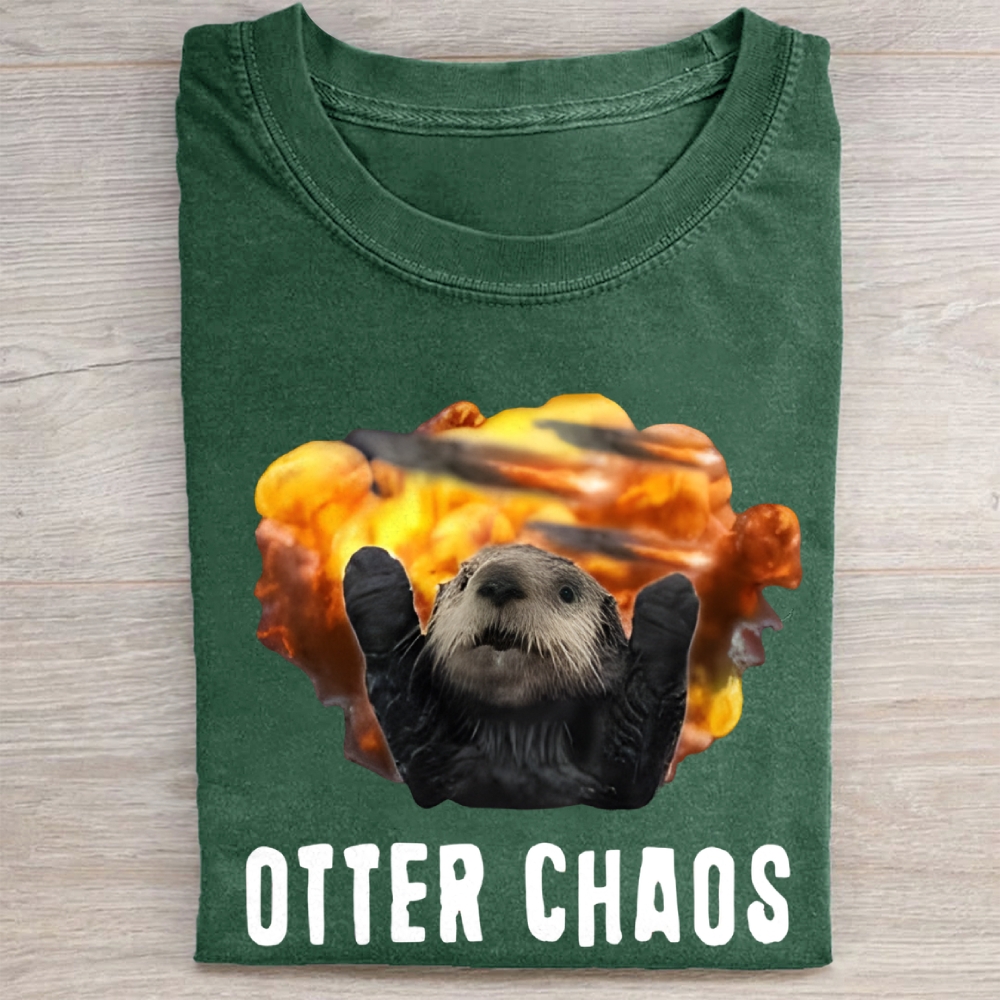 Unisex Otter Chaos Printed Washed Folded T-shirt