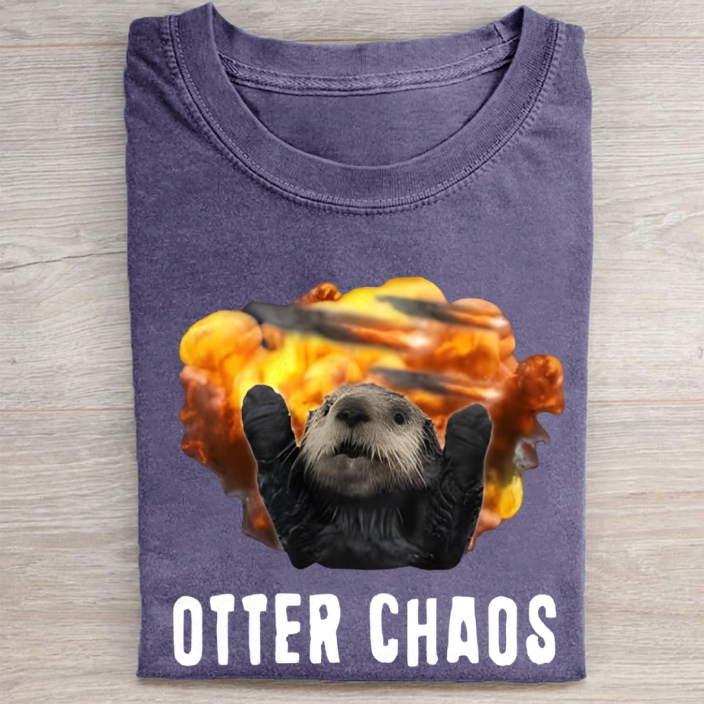 Unisex Otter Chaos Printed Washed Folded T-shirt