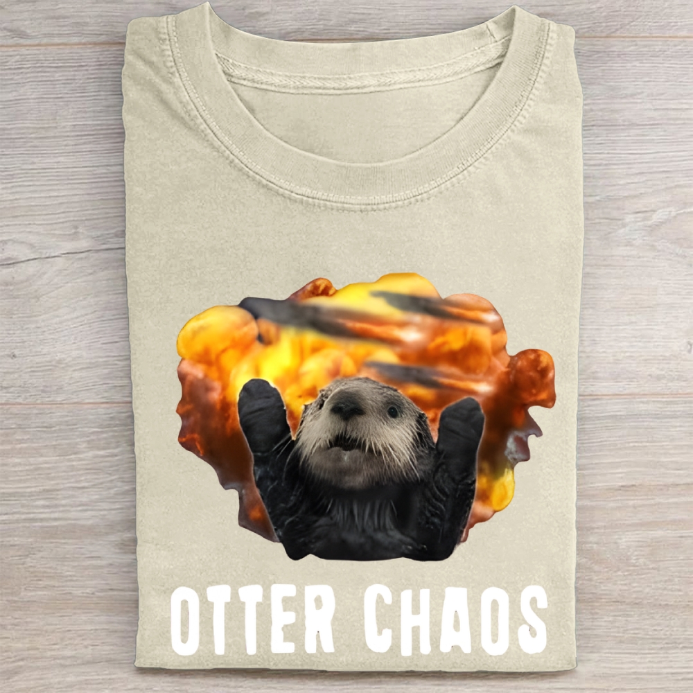 Unisex Otter Chaos Printed Washed Folded T-shirt