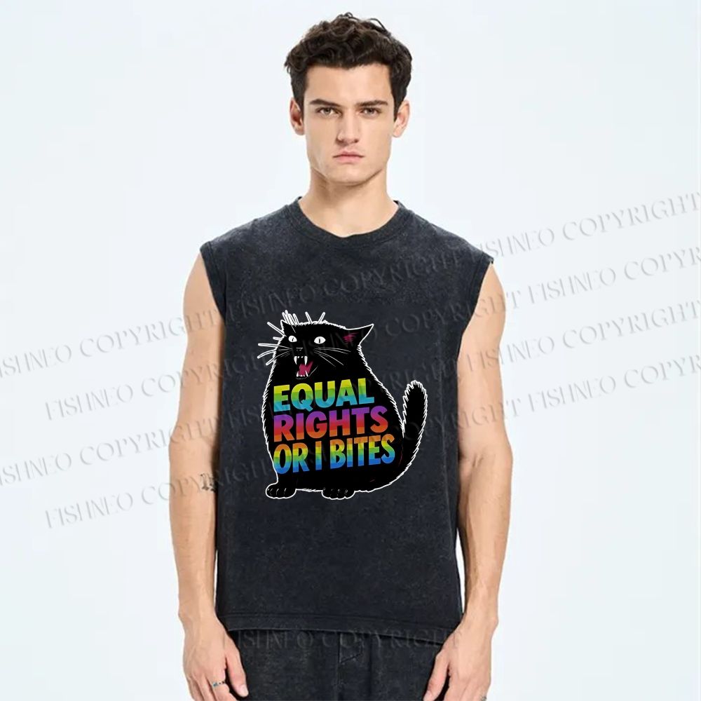 Unisex Funny Cat For Equality Warriors Printed Washed Tank Top