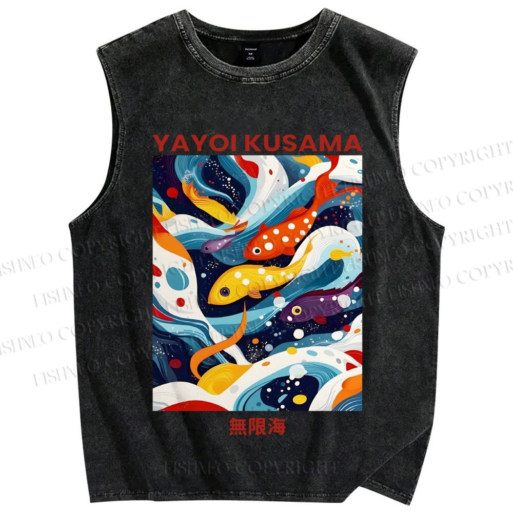 Unisex Yayoi Kusama Koi Fish in Sea Printed Washed Tank Top