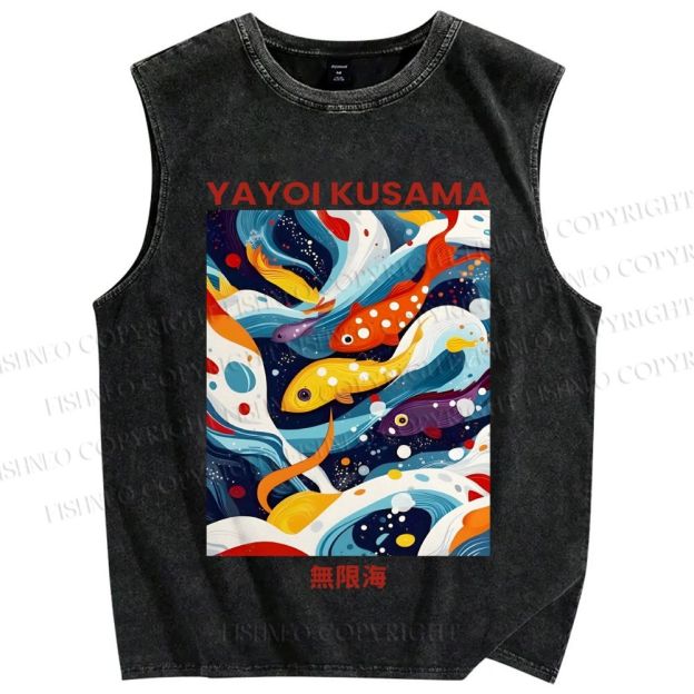 Unisex Yayoi Kusama Koi Fish in Sea Printed Washed Tank Top
