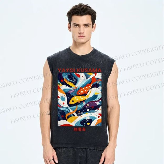 Unisex Yayoi Kusama Koi Fish in Sea Printed Washed Tank Top