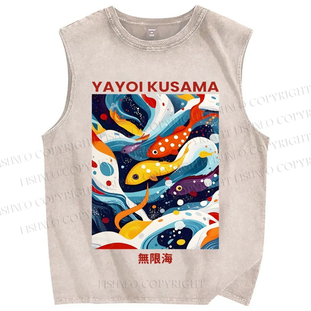 Unisex Yayoi Kusama Koi Fish in Sea Printed Washed Tank Top