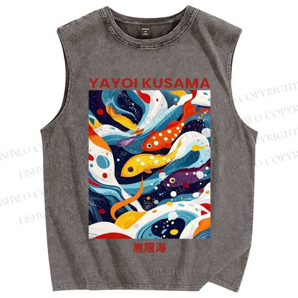 Unisex Yayoi Kusama Koi Fish in Sea Printed Washed Tank Top