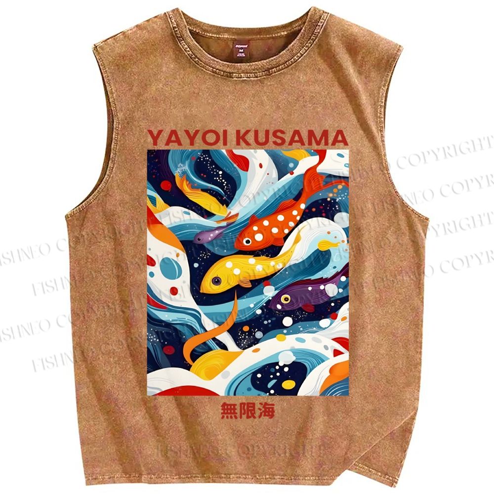 Unisex Yayoi Kusama Koi Fish in Sea Printed Washed Tank Top