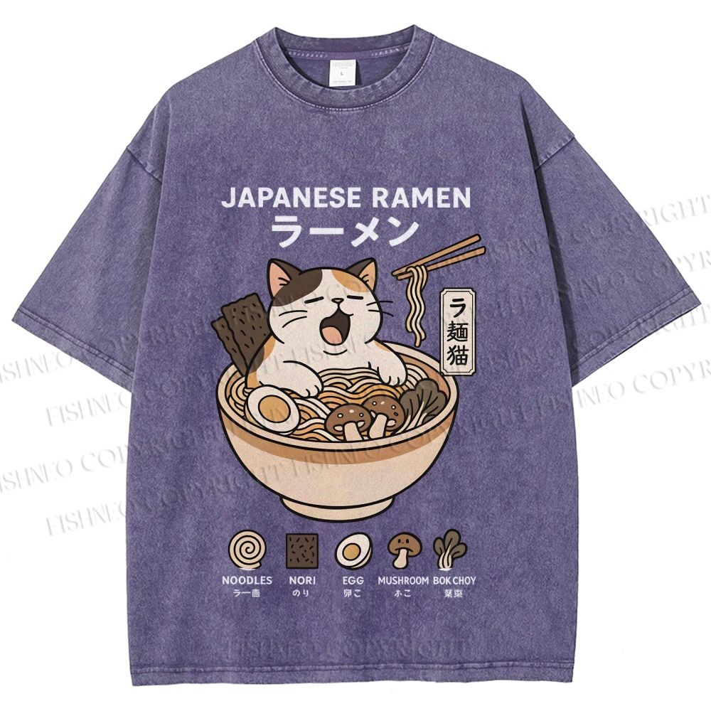 Unisex Ramen Cat Printed Washed Tee