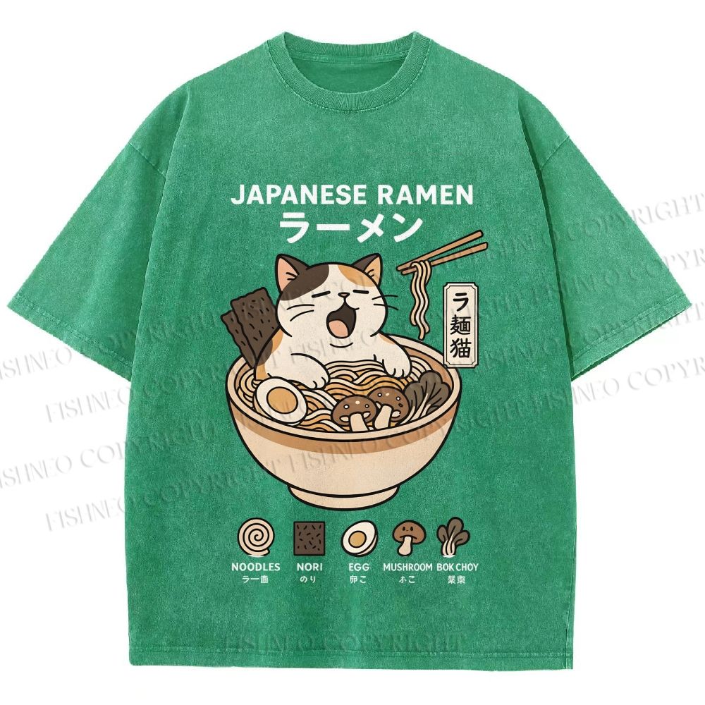 Unisex Ramen Cat Printed Washed Tee
