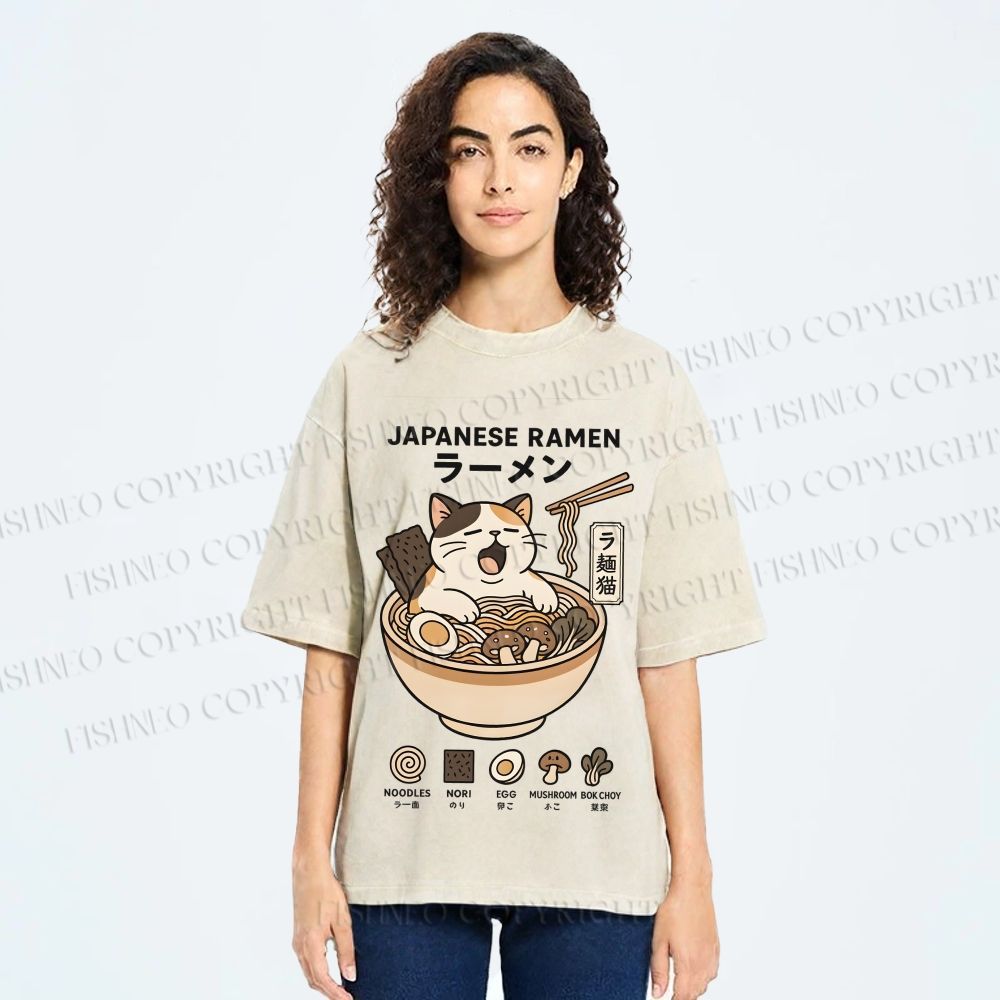 Unisex Ramen Cat Printed Washed Tee